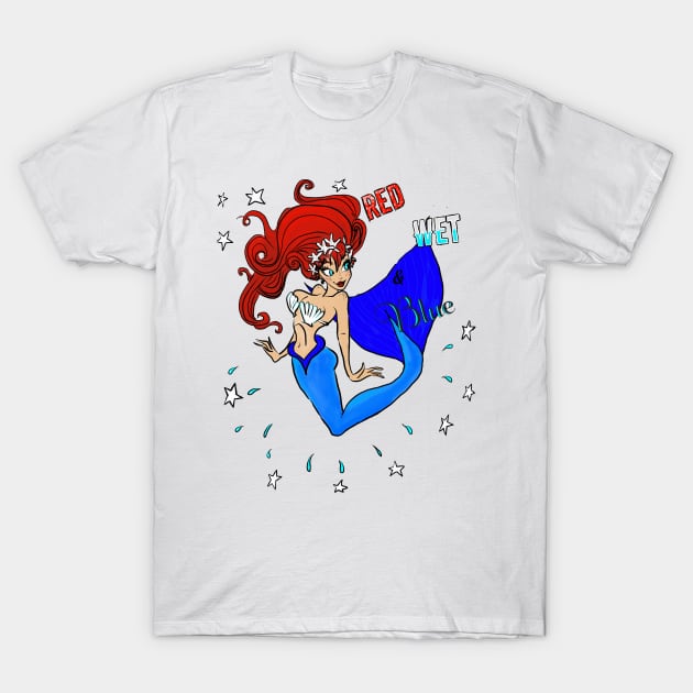 Red Wet & Blue 4th of July Mermaid T-Shirt by pepekauai